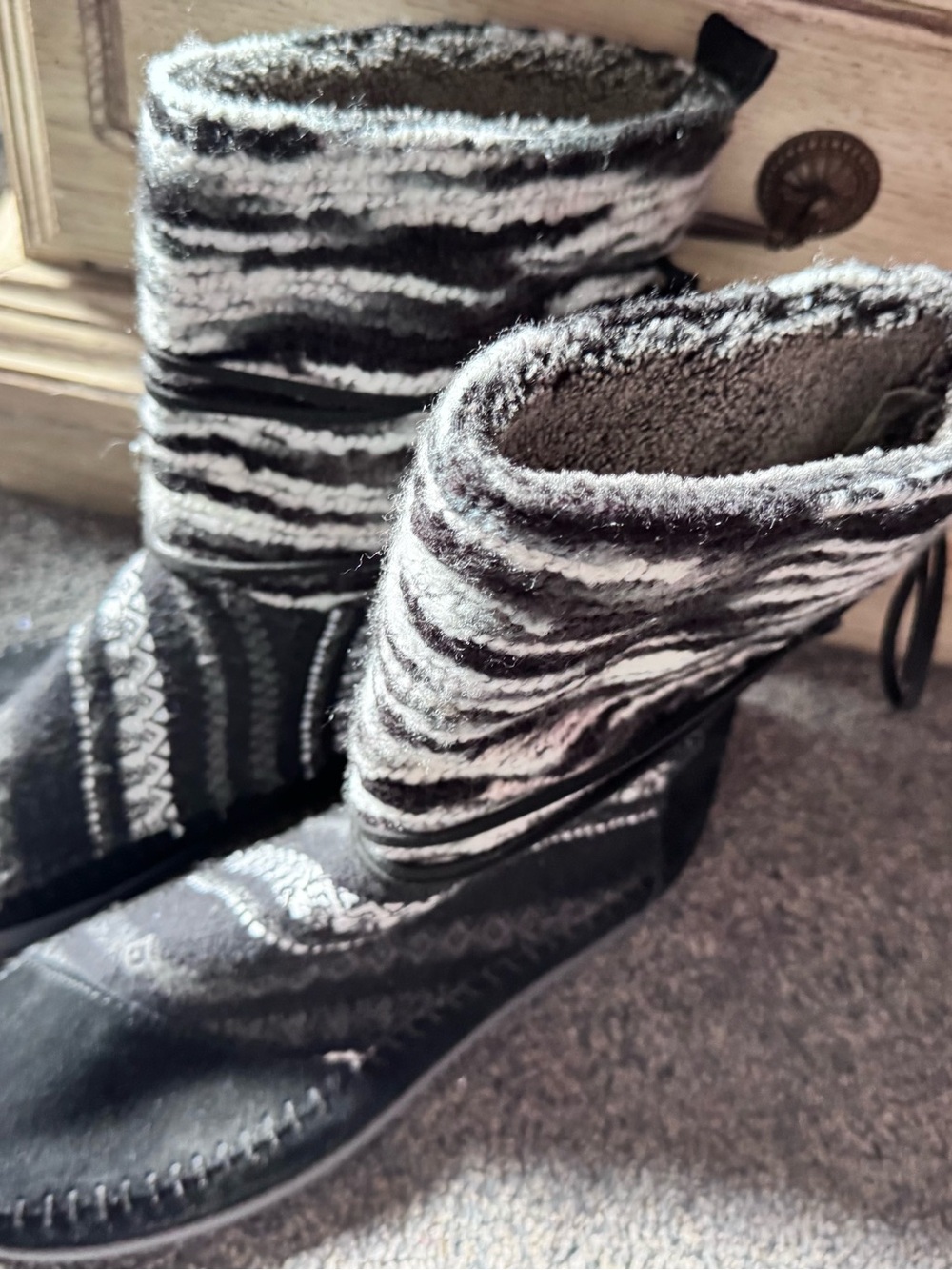 Toms Black and White Patterned Knit-Trim Women's Winter Boots